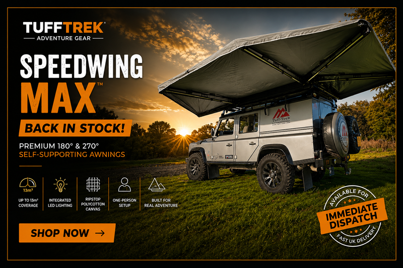 TUFFTREK speedwing max 270 degree self supporting wing awning in stock on land rover