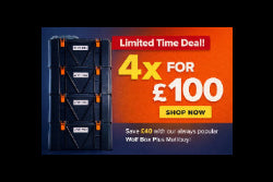 Stack of black WOLF BOX PLUS astorage boxes with orange accents on a blue background, promotional text for a limited time deal on a red and orange background.
